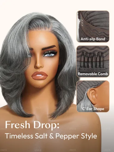 Miniatura 7 de Nadula - Peluca corta de 20 cm con cabello humano gris sal y pimienta, sin pegamento, con separación lateral, capas enmarcadas para el rostro