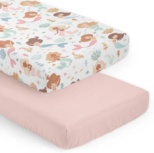 Miniatura 8 de Sweet JoJo Designs Sábana bajera ajustable para cuna portátil para bebé niña coral y turquesa para colección de plumas, para mini cuna o paquete
