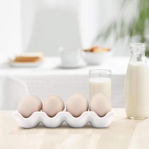 Miniatura 4 de Flexzion Soporte para huevos de cerámica para 12 huevos, caja de almacenamiento de 12 bandejas de huevos de porcelana, plato antideslizante