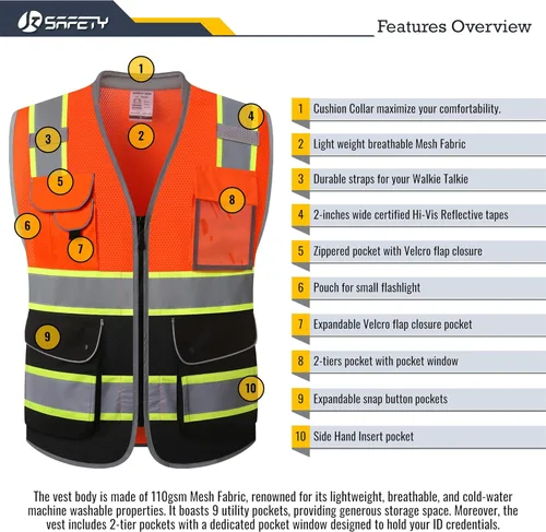 Miniatura 4 de JKSafety - Chaleco de seguridad de alta visibilidad con 9 bolsillos, chaleco reflectante de malla de alta visibilidad para hombres y mujeres, cuello