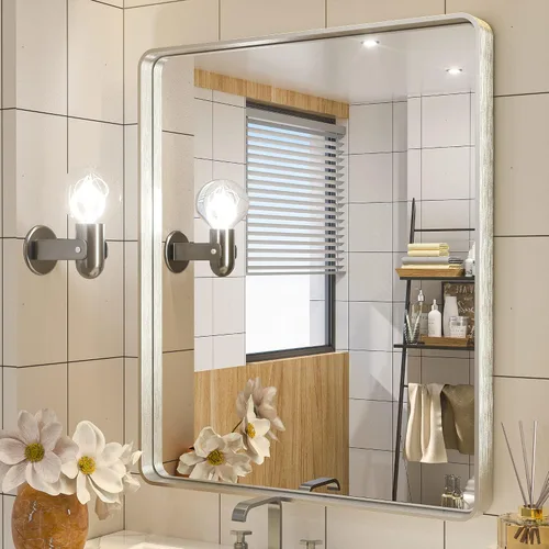 Miniatura 37 de TETOTE Espejo de marco dorado cepillado de 16 x 24 pulgadas, espejo de tocador de baño de latón dorado para pared, espejo enmarcado rectangular