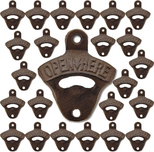 Miniatura 7 de Abridor de botellas de hierro fundido negro montado en la pared con tornillos montables para mesa de poste enfriador de madera (paquete de 3)