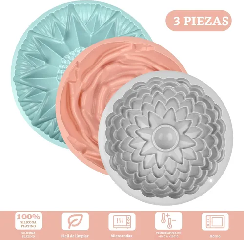 Miniatura 2 de Sakolla Juego de 3 moldes de silicona para pastel con forma de flor, moldes grandes redondos de silicona para hornear pasteles, panes, tartas