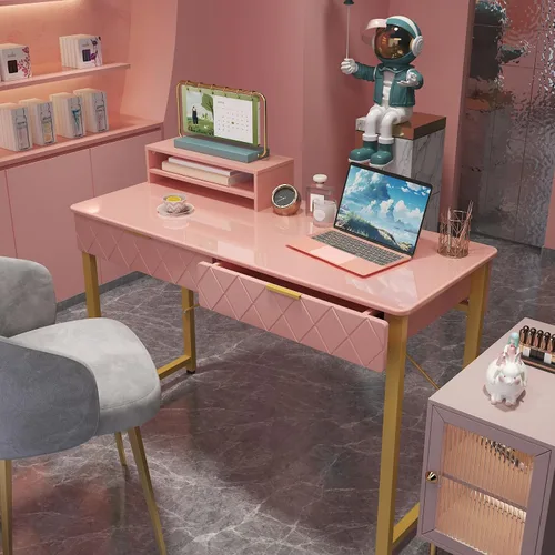 Miniatura 9 de WESTREE Mesa de Tocador con 2 Cajones y Estante de Almacenamiento, Mesa de Maquillaje Moderna con Escritorio Brillante, Escritorio de Marco Dorado