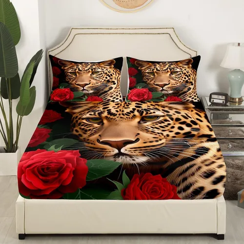 Miniatura 3 de Erosebridal Juego de sábanas bajeras de rosas rojas y leopardo, tamaño individual, diseño de animales africanos salvajes, diseño de plantas