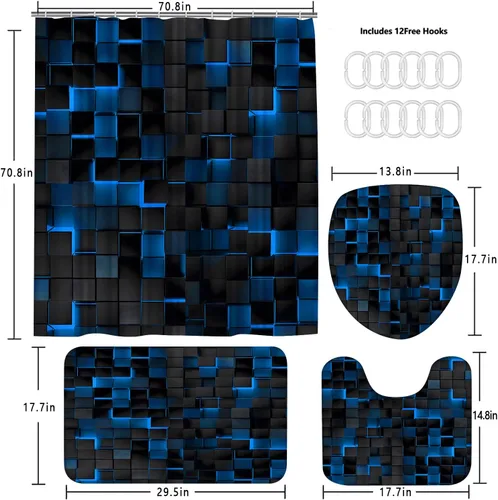 Miniatura 3 de LQCOOL Juego de 4 piezas de cortina de ducha azul con cubos 3D, juegos de baño, juego de cortina de ducha moderna para juegos de baño con alfombras