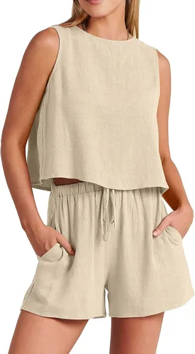 GIVNUAN Conjunto de 2 piezas de lino con cuello cuadrado para mujer, conjunto de pantalones cortos a juego para la playa, verano 2023 a la moda