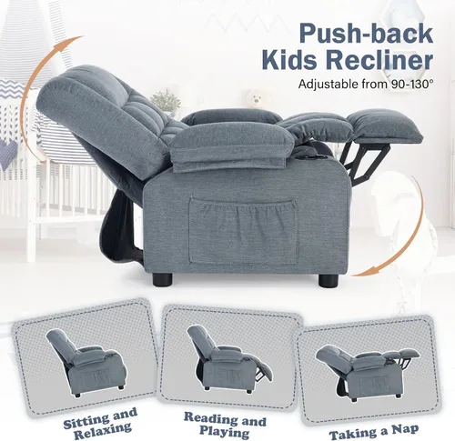 Miniatura 3 de BOSMILLER Silla reclinable para niños, sillón reclinable con respaldo para tazas y bolsillos laterales, reposapiés ajustable y reposacabezas