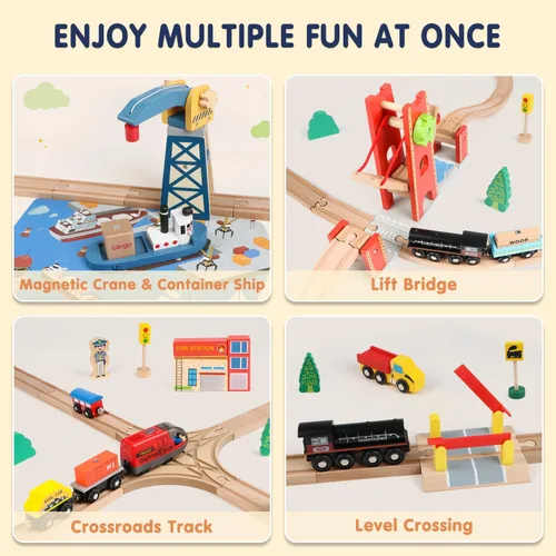 Miniatura 6 de Qilay Juego de tren de madera de 121 piezas con bolsa de almacenamiento, juego de pista de tren de madera Busy Port City para niños a partir de 3
