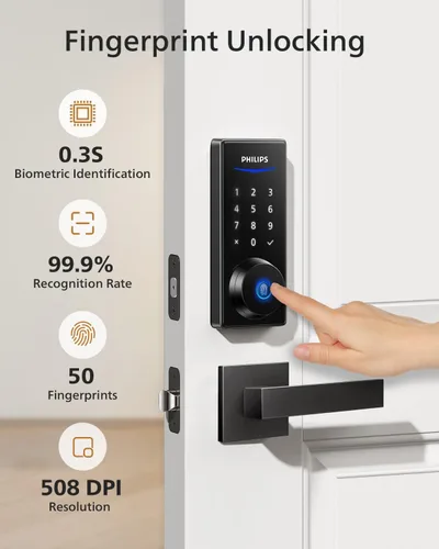 Miniatura 10 de Philips Juego de cerradura de puerta delantera, cerradura electrónica de huellas dactilares con 2 manijas de palanca, cerradura de puerta de entrada