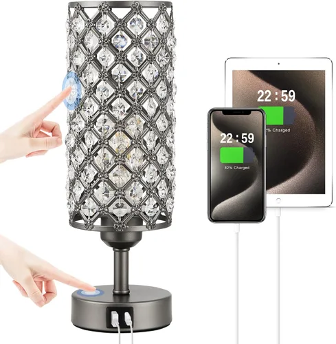 Miniatura 11 de Lámpara de mesa de cristal Hong-in - Control táctil regulable en 3 vías, lámpara de cabecera de oro rosa con puertos USB C y A, luz de mesita