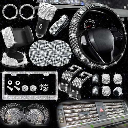 Miniatura 10 de NBTEPEM 27 piezas de juego de accesorios brillantes para auto en color aguamarina para mujeres, fundas para volante de ajuste universal de 15