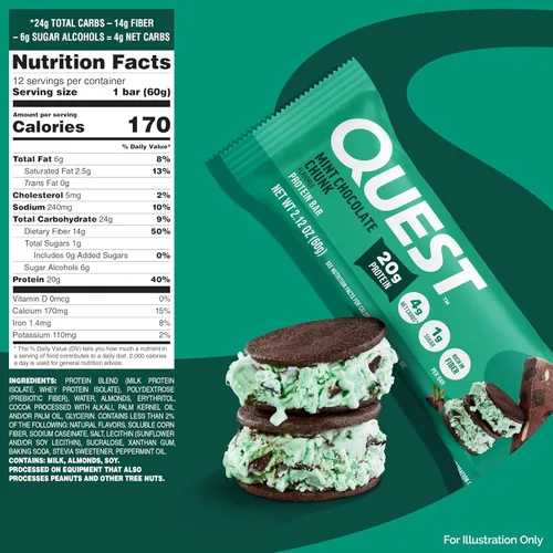 Miniatura 2 de Quest Nutrition Barra de proteína de trozos de chocolate menta, alto en proteínas, bajo en carbohidratos, sin gluten, apto para ceto, 12