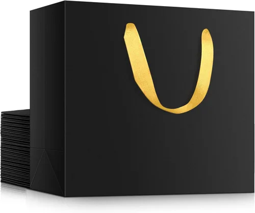 EUSOAR Bolsas de compras pequeñas negras con asas doradas, paquete de 20 bolsas de regalo de 10.6 x 3.1 x 8.3 pulgadas con asas a granel, bolsas de