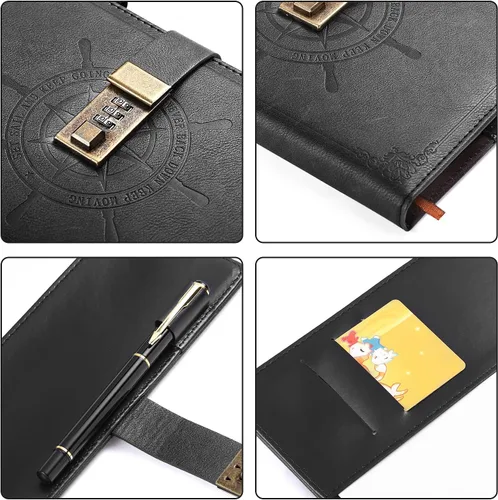 Miniatura 4 de Kesote Diario Negro con Cerradura, Cuadernos de Diario con Cerradura de Cuero Sintético Rellenable, Planificador Organizador con Bolígrafo, A5