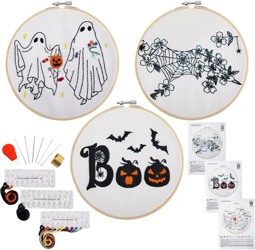 Kit de bordado de Halloween para adultos principiantes, kit de punto de cruz estampado para adultos principiantes, kit de inicio de bordado a mano
