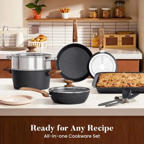 Miniatura 8 de Kitchen Academy Juego de 17 piezas de ollas y sartenes antiadherentes, juegos de batería de cocina antiadherentes, batería de cocina de granito Negro