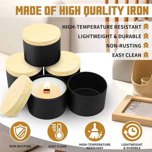 Miniatura 4 de Paquete de 12 tarros de velas, latas de velas de 4 onzas con tapas de impresión de grano de madera de metal, tarros de velas de metal vacíos