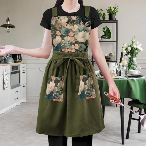 Miniatura 6 de Delantal Vintage Lindo para Mujer con Bolsillos, Delantal con Espalda Cruzada para Cocinar, Hornear, Cocina, Jardinería Verde oliva