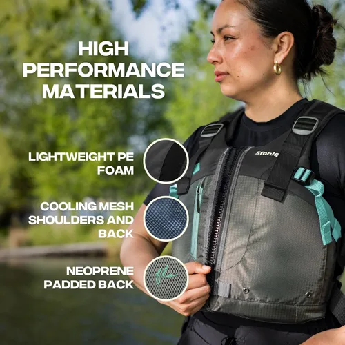 Miniatura 5 de Stohlquist Chaleco salvavidas PFD para mujer, 8 puntos de ajuste para un ajuste definitivo, carcasa exterior Ripstop, flotación de espalda alta, Gris