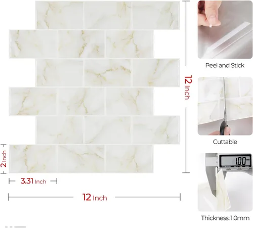 Miniatura 6 de Livelynine 16 Azulejos de Oro de Mármol Despegar y Pegar Salpicaduras para Cocina Adhesivos de Azulejos de Pared para Baño Salpicaduras Impermeables