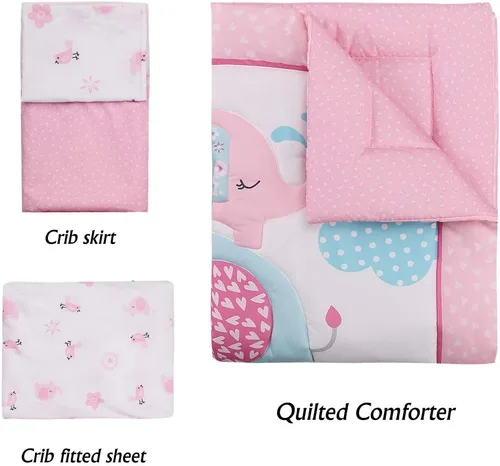 Miniatura 2 de Luxanna Juego de ropa de cama para cuna, 3 piezas, diseño de elefante rosa, con edredón para bebé, sábana bajera para cuna, falda de cuna para niñas