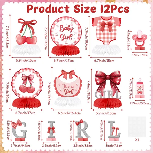 Miniatura 2 de Centros de Mesa de Panal de Arco Rojo para Fiesta de Niña, Decoración de Mesa Coquette para Baby Shower, Suministros para Fiesta de Revelación