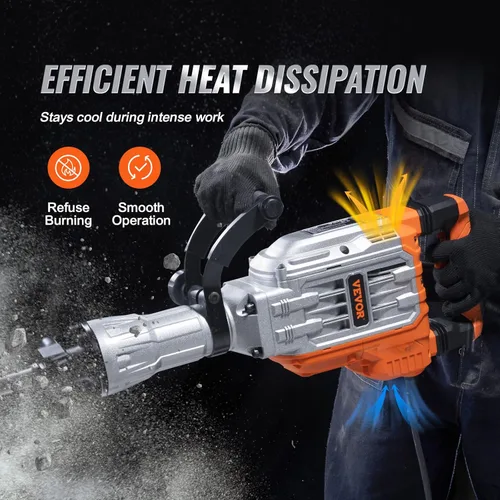Miniatura 6 de VEVOR - Martillo eléctrico para demolición, de 3,500 W máximo y 1,900 BPM, con 2 cinceles, estuche, guantes y mango delantero giratorio de 360°