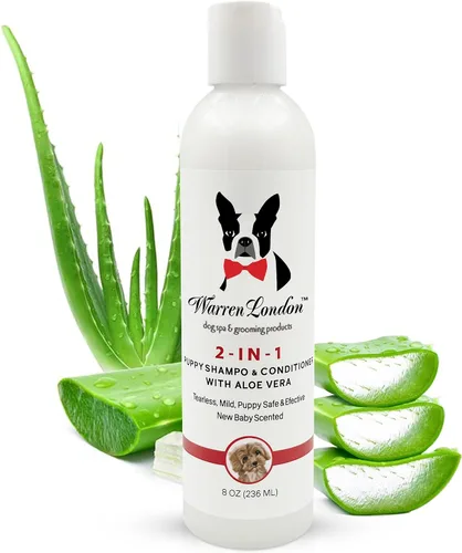 Warren London Champú y acondicionador 2 en 1 para cachorros, 8 onzas, aroma a polvo para bebé sin lágrimas, fórmula hidratante de aloe y manteca de
