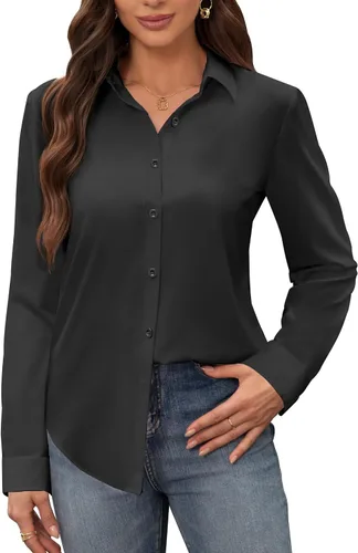 Siliteelon - Camisas de vestir para mujer, a prueba de manchas, sin arrugas, de manga larga, sólidas, para trabajo y negocios, con botones