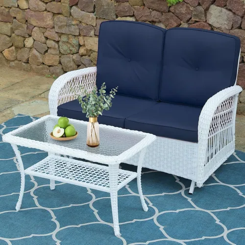 Miniatura 28 de VIVIJASON Silla mecedora de mimbre para exteriores, 2 piezas, sillas mecedoras de ratán para patio con cojines y marco de acero, muebles de mimbre