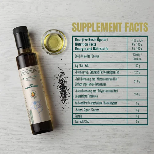 Miniatura 3 de Prof Saracoglu Botella de vidrio prensado en frío con aceite de semilla negra de alta calidad, Nigella Sativa turca, sin refinar y sin disolventes