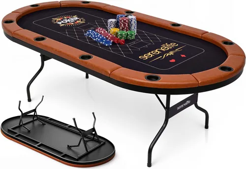 SereneLife Player - Póker plegable ovalado, mesa Texas Holdem, con riel acolchado resistente al agua, 10 portavasos, superficie de fieltro marrón,