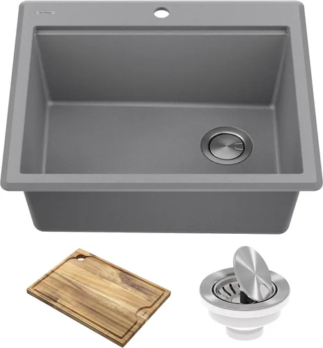 Miniatura 18 de KRAUS Bellucci KGTW12-18MBL - Fregadero de cocina de estación de trabajo de granito, 46 cm, montaje directo, cuenco individual, montaje superior