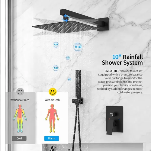 Miniatura 5 de Juegos de sistema de grifería de ducha negros: EMBATHER Juego combinado de ducha con cabezal de lluvia superior de 10 pulgadas con ducha de mano