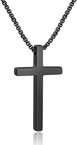Ursteel - Collar con dije de cruz de acero inoxidable para hombre, cadena de eslabones cuadrados de 16 a 30 pulgadas, color plateado, negro, dorado
