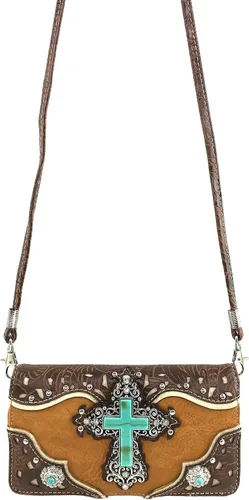 Miniatura 3 de Zelris turquesa Rhinestone Cruz Occidental mujeres Crossbody muñeca Trifold cartera