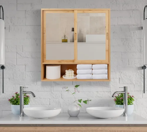 Miniatura 5 de ZYBT Gabinete de Baño de Bambú, Gabinetes de Medicina con Espejo, Gabinete de Baño Montado en la Pared con Almacenamiento, Gabinetes de Medicina