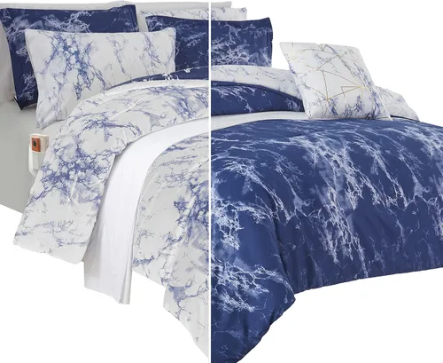 Elegant Comfort Juego de edredón reversible de 10 piezas, estampado de mármol, almohada decorativa y sábana bajera con bolsillos inteligentes, Azul