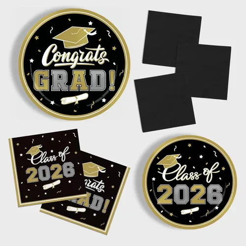 Miniatura 4 de Platos y servilletas de fiesta de graduación, decoraciones de graduación de clase de 2026, platos de papel desechables negros y dorados, servilletas