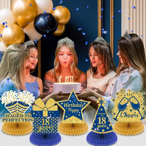 Miniatura 5 de 9 piezas de decoración de cumpleaños azul marino dorado 18 centros de mesa de panal para decoración de mesa, decoraciones de feliz cumpleaños 18