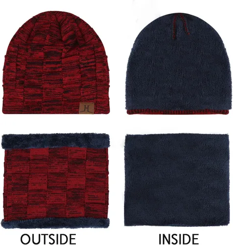 Miniatura 4 de Conjunto de gorro de invierno para hombre, gorro de punto cálido, gorro de calavera, calentador de cuello con forro polar grueso, gorro de invierno