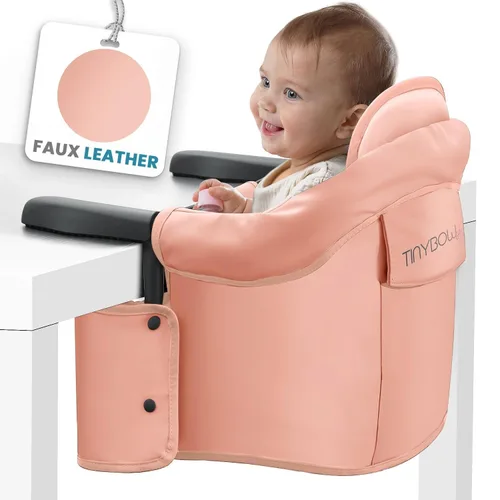 Miniatura 11 de Elegante silla alta de piel sintética con gancho para bebé, asiento de bebé portátil para comer, viajar y accesorio de mesa Gris