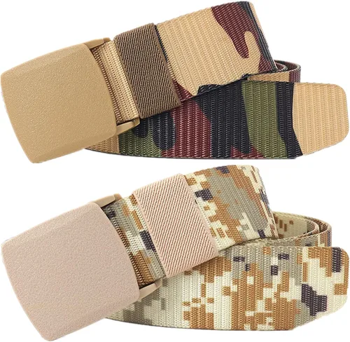 Cinturón para hombre, cinturón táctico militar de nailon con hebilla sin metal, paquete de 2 Camuflaje caqui y camuflaje del desierto