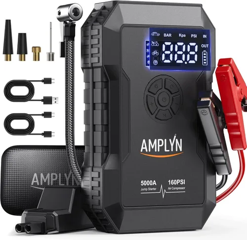 Arrancador de coche con compresor de aire, caja de puente, cargador de batería de 12 V | portable,160 psi pump pressure,5000A start pk,24000mAh