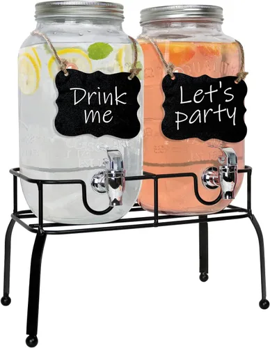 Estilo Dispensador de bebidas de vidrio para fiestas, juego de 2-1 galón dispensador de bebidas de Halloween con soporte, dispensador de agua de