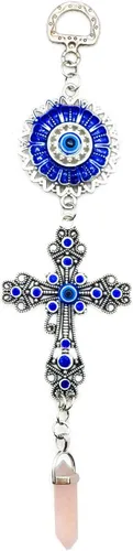 Miniatura 12 de LUCKBOOSTIUM Amuleto de cruz con incrustaciones de cristal azul y mandala azul de ojo malvado con piedra curativa colgante, dijes de naturaleza