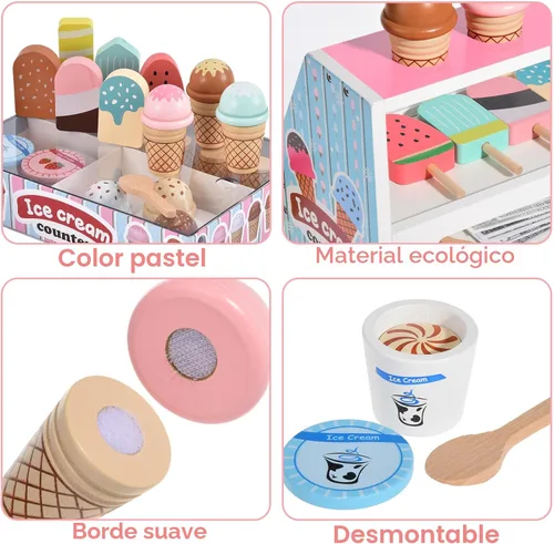 Miniatura 6 de Juguetes de helado de madera para niños, tienda de juegos de cocina para niños pequeños, accesorios de cocina con cucharada, menú y dinero falso