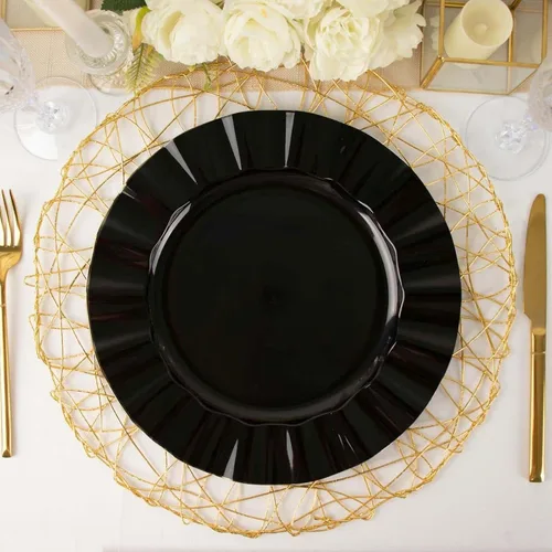 Miniatura 6 de Efavormart - Platos de cena de 11 pulgadas – Juego de 10 platos desechables redondos de plástico negro con borde dorado rizado – Vajilla elegante
