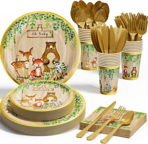 Suministros de decoración de baby shower del bosque, juego de vajilla desechable de 175 piezas de animales del bosque (25 invitados) con platos de